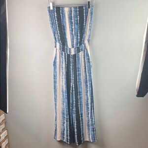 Peyton Jensen Blue and White Tie Dye Striped Strapless Jumpsuit Size S